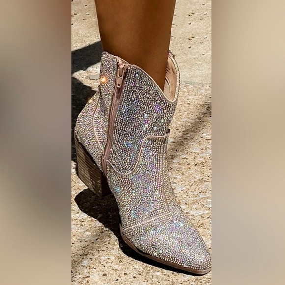 MIIM ANGEL Silver Rhinestone Gem Embellished Ankle Western Heeled Cowboy Boots - Picture 5 of 12